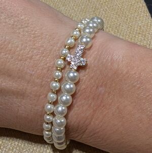 2 Faux Pearl Cross Charm Stretch Bracelets